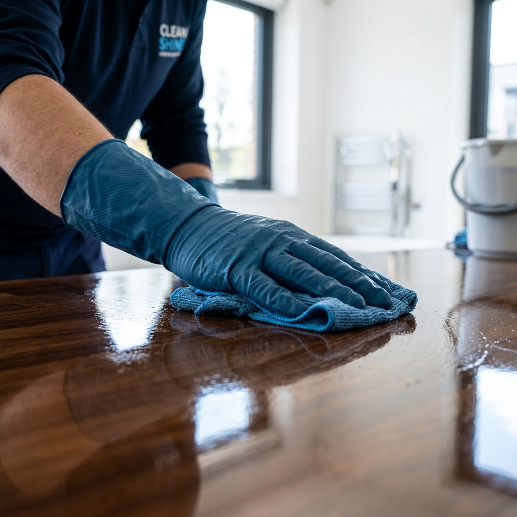 Cleaner wiping a surface to a shine